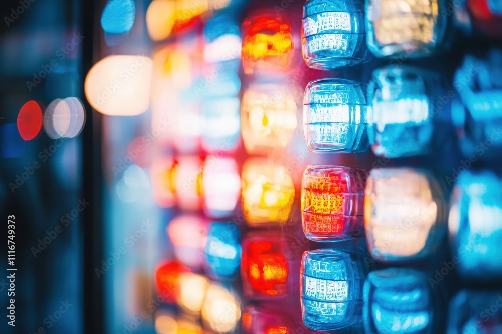 Vibrant blue, red, and white emergency lights flash in a city setting during nighttime, creating an intense visual. Reflections and colors blend, signaling urgency and alertness.