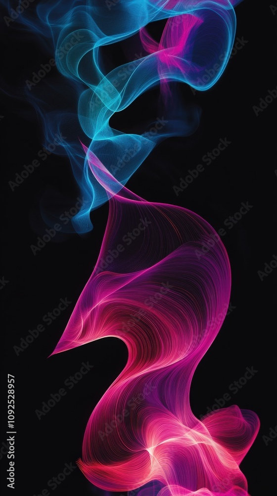 Vibrant colors of pink and blue blend and swirl together, creating an abstract formation resembling flowing smoke in a dark setting. The movement gives a sense of fluidity and grace.