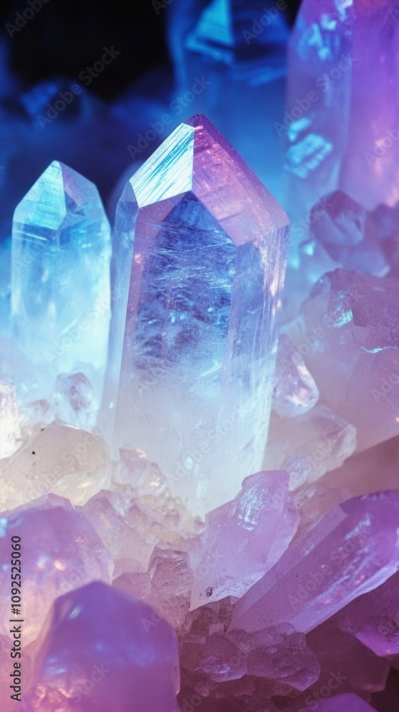 Vibrant crystal formations sit amidst sparkling mineral fragments, illuminated by bluish and purplish hues, creating a stunning visual display of natures artistry and elegance.