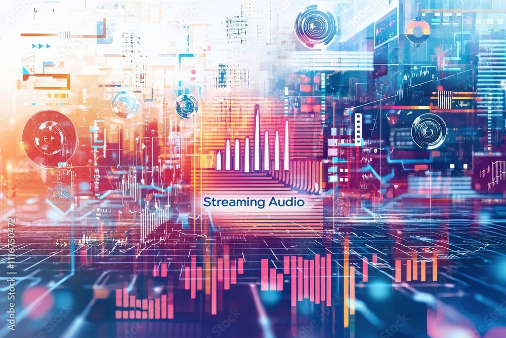 Vibrant digital artwork illustrates the concept of streaming audio, featuring colorful sound waves and graphical data visualizations against a high-tech background, creating a futuristic atmosphere.