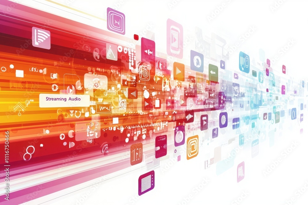 Vibrant digital graphics showcase a dynamic wave of colorful icons related to streaming audio and multimedia technologies. The design highlights innovation and connectivity in digital media.