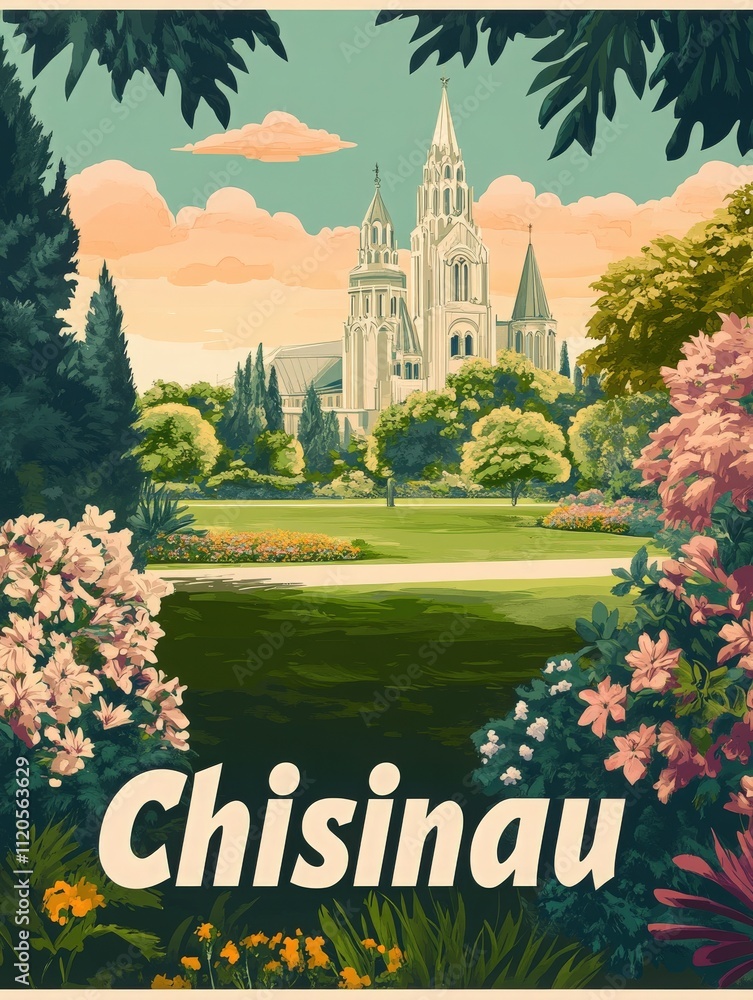 Vibrant flowers frame a historic building in Chisinaus botanical garden under a colorful sky. Visitors enjoy the tranquil atmosphere and lush greenery on a sunny day.