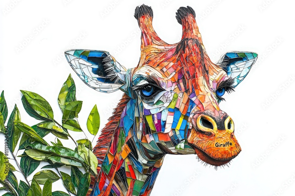 Vibrant giraffe artwork showcases a creative mix of colors and materials. The animal appears lifelike with striking details, framed by green foliage against a bright white background.