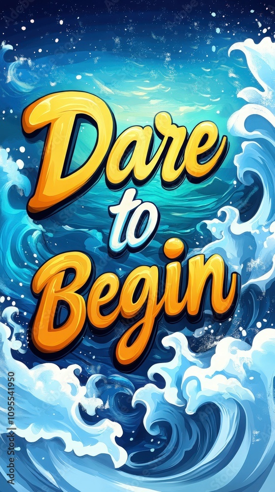 Vibrant graphic design showcases swirling ocean waves with the bold text Dare to Begin at the center. The bright colors create an inviting and adventurous atmosphere, encouraging exploration.