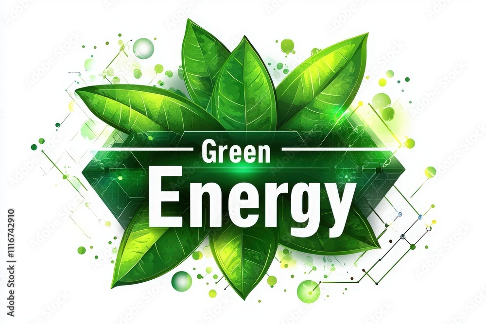 Vibrant green leaves surround the words Green Energy in a stylized design, symbolizing the fusion of nature and modern technology focused on sustainability and renewable resources.