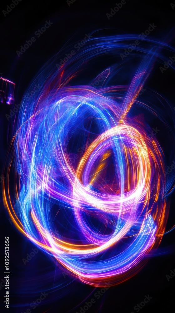 Vibrant light trails weave through a dark background, forming colorful patterns that dance and swirl. The scene captures an exciting atmosphere full of energy and creativity.