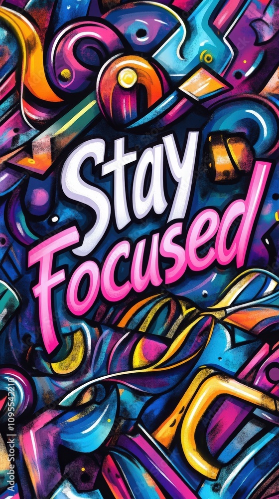 Vibrant mural featuring the phrase Stay Focused in bold lettering against a backdrop of swirling colors and shapes. The artwork is found on a city wall, inspiring passersby.