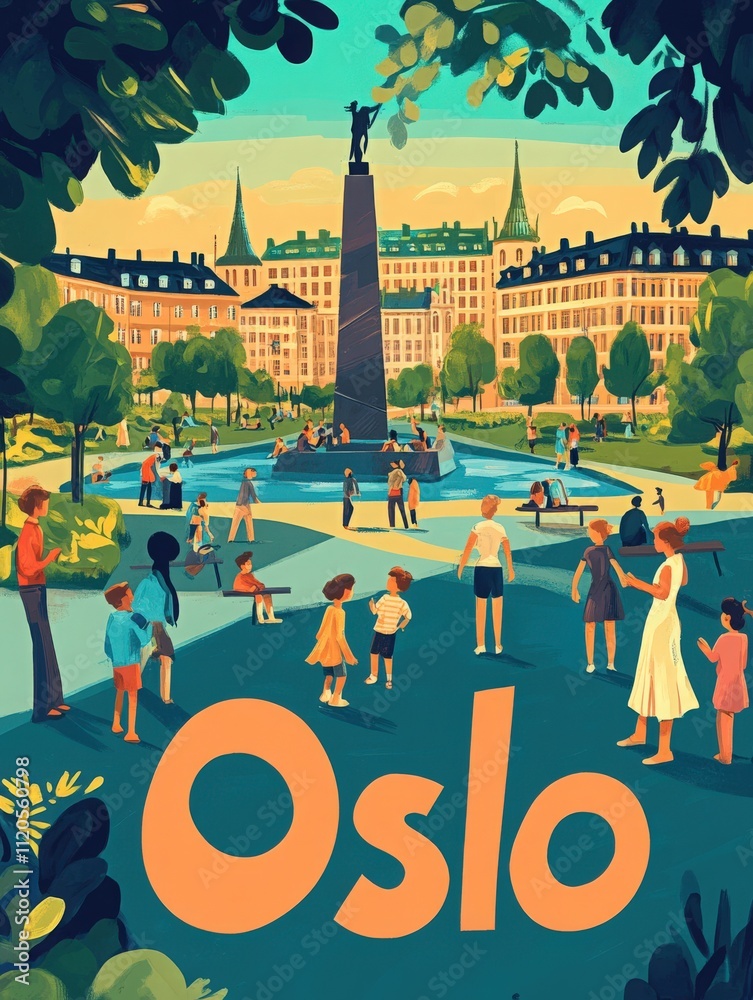 Vibrant park in Oslo filled with families and individuals enjoying a sunny day. The atmosphere features a monument surrounded by lush greenery and a gathering of diverse people.
