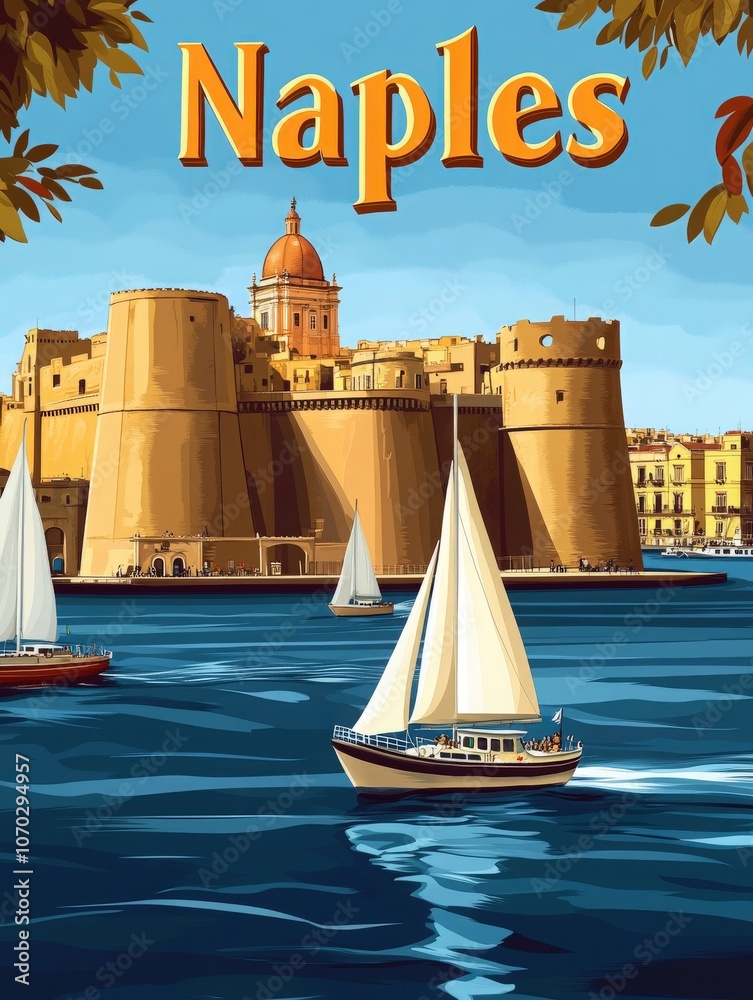 Vibrant retro poster showcasing Naples, featuring a majestic castle along the waterfront and sailboats gliding across the sparkling water under a clear blue sky.
