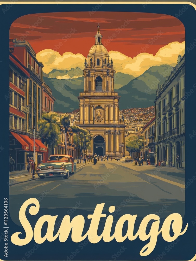 Vibrant streets reveal historic architecture in Santiago, Chile. The warm colors of sunset create a stunning backdrop, highlighting the beauty of the citys iconic buildings and lively atmosphere.