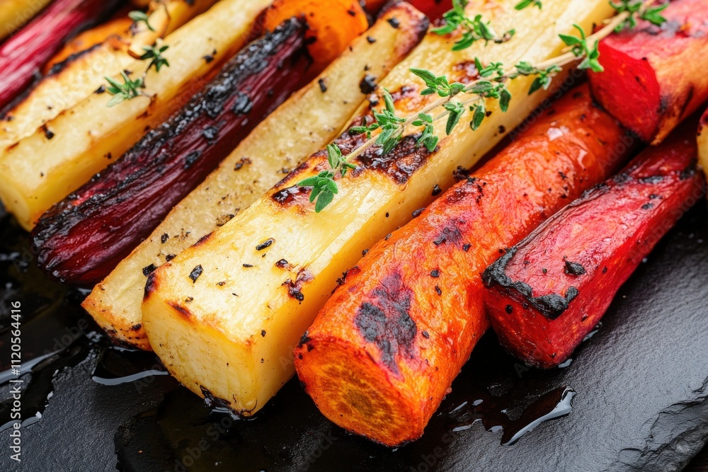 Vibrant strips of roasted root vegetables including carrots and parsnips are garnished with fresh herbs. The dish showcases a variety of colors, highlighting a healthy, seasonal option.