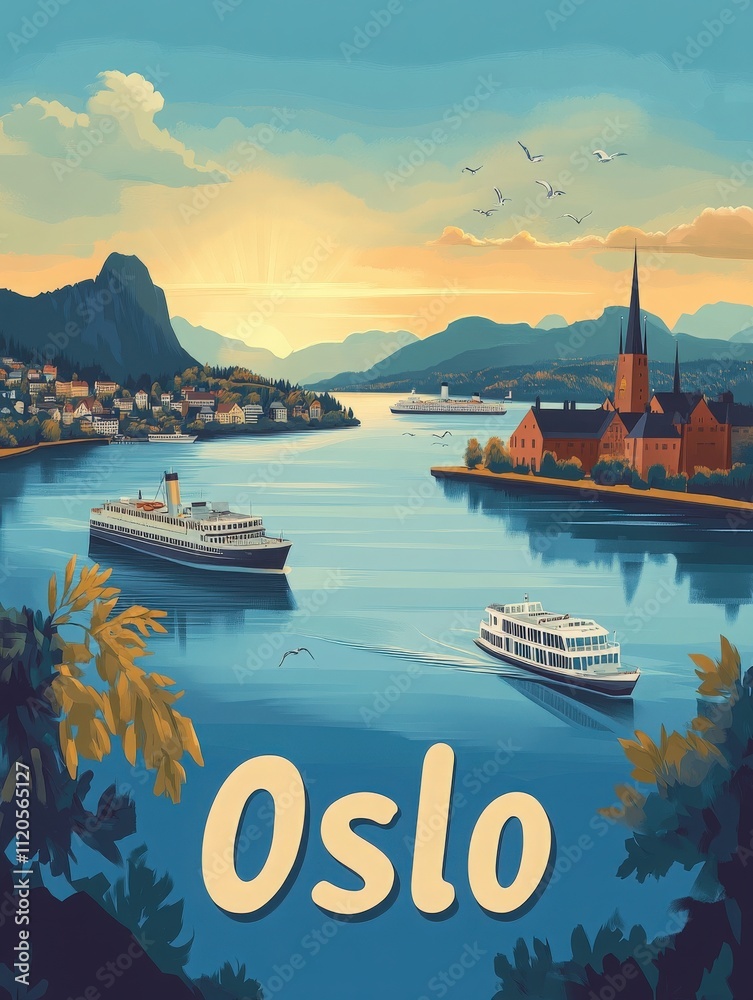 Vibrant sunset casts a warm glow on Oslo fjord. Two boats cruise the serene water while the citys skyline and mountains provide a stunning backdrop.