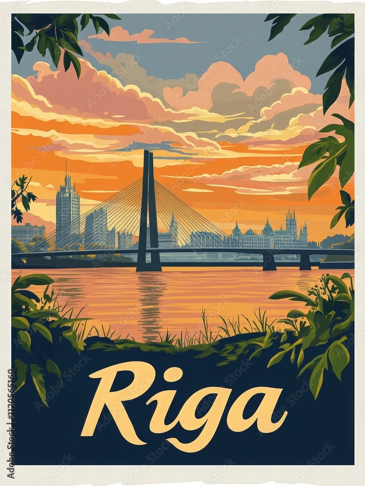 Vibrant sunset paints the sky in shades of orange and pink as Rigas skyline shows modern and historical architecture. The bridge stands tall over the peaceful river reflecting the colors.