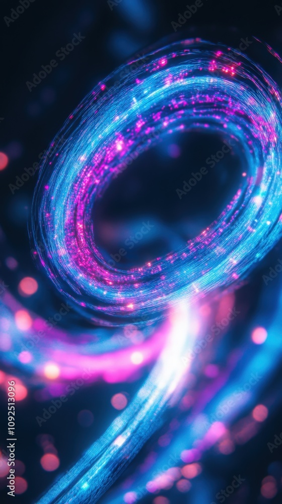 Vibrant swirls of blue and pink light create an abstract representation of motion in a digital environment. The glowing colors evoke a sense of energy and creativity.