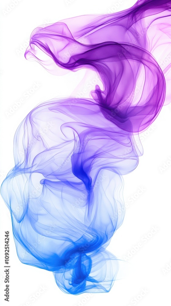 Vibrant swirls of purple and blue smoke intertwine gracefully, creating beautiful patterns. The ethereal shapes float against a white backdrop, enhancing their visual allure and depth.