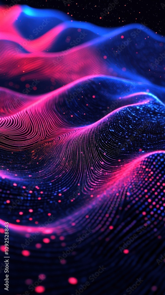 Vibrant waves of pink and blue light flow across a dark background, creating an enchanting abstract design. The interplay of colors and patterns evokes a sense of depth and movement.