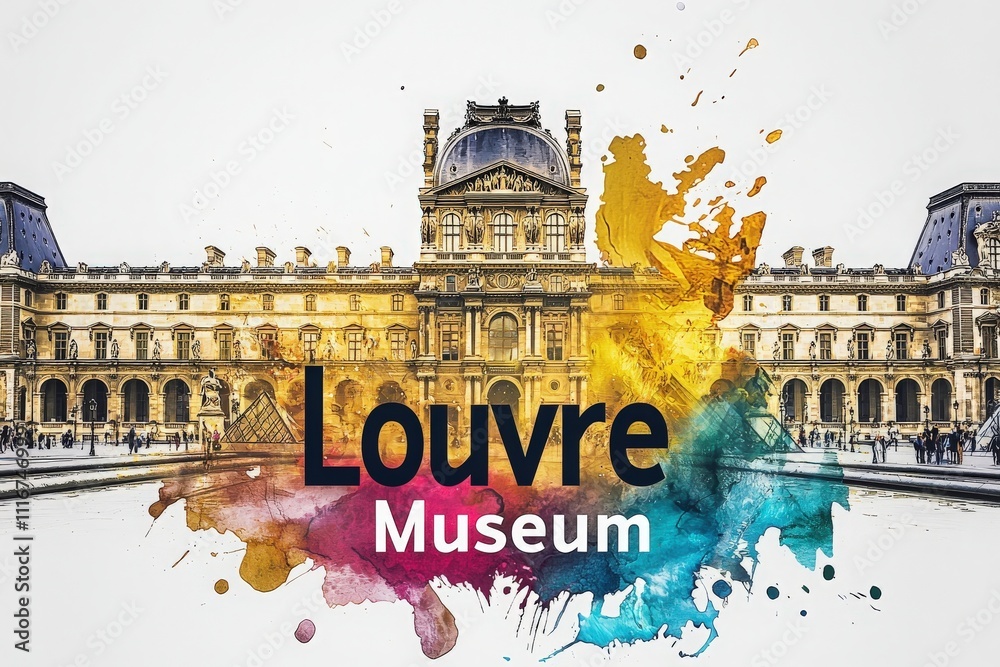 Visitors admire the magnificent architecture of the Louvre Museum in Paris, surrounded by colorful artistic splashes. This iconic location draws art lovers year-round, especially in spring.
