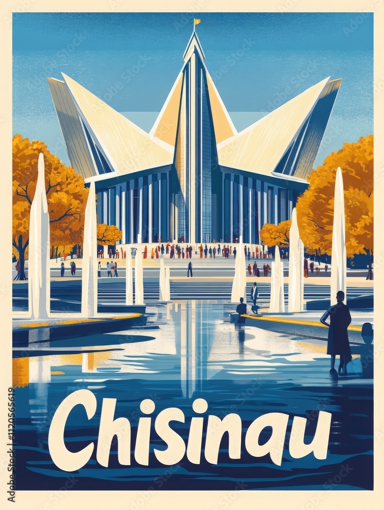 Visitors admire the stunning Star-shaped building in Chisinau, surrounded by beautiful fountains and golden trees. The sky is clear, adding to the vibrant atmosphere of this lively location.