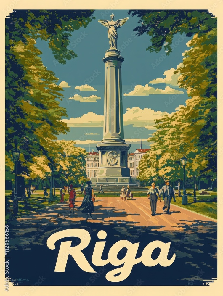 Visitors enjoy a leisurely walk in a vibrant park in Riga, admiring the impressive Freedom Monument surrounded by lush trees and blooming flowers on a sunny afternoon.
