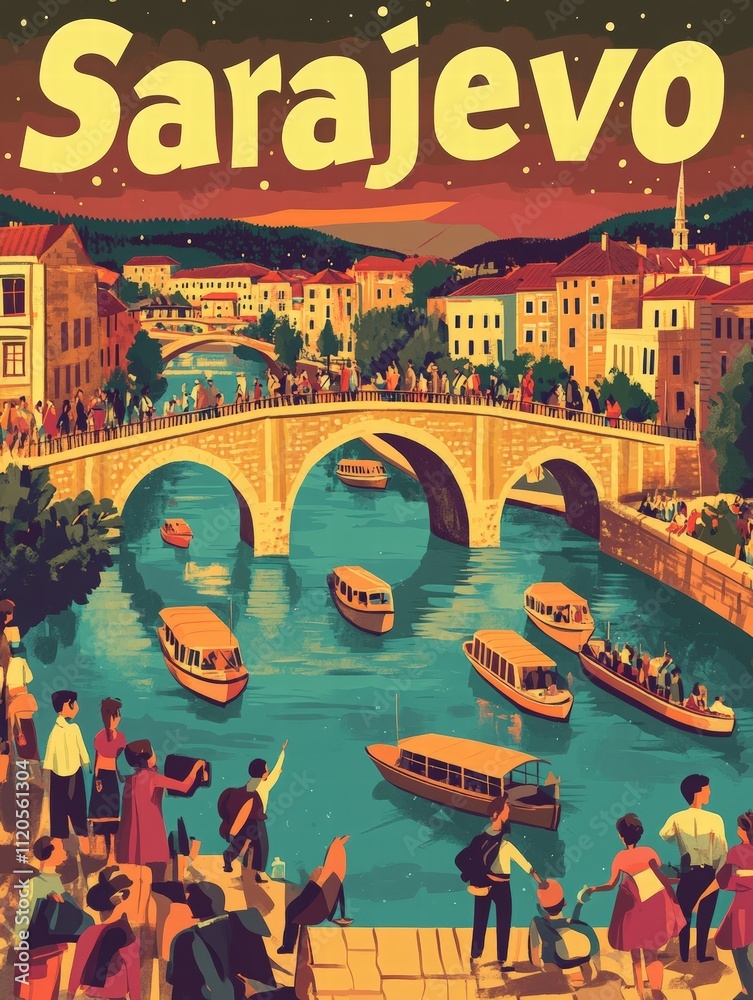 Visitors enjoy the lively atmosphere along the river in Sarajevo, where colorful boats drift past historic buildings under a twilight sky. People gather on the bridge, soaking in the ambiance.