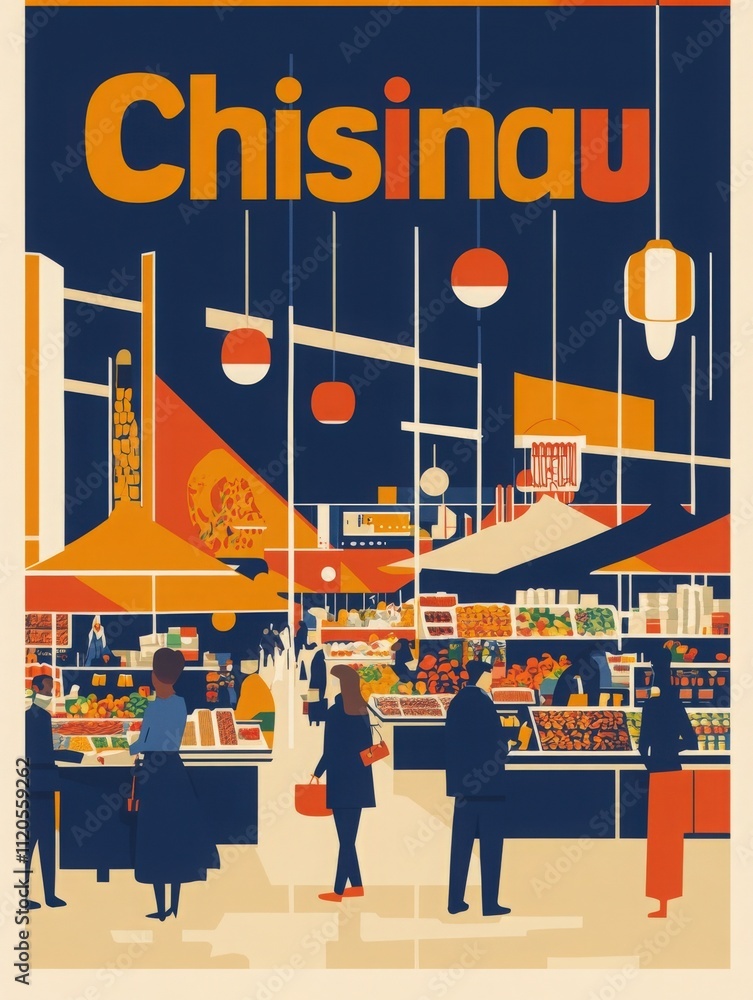 Visitors explore a vibrant market in Chisinau, filled with various stalls offering fresh produce and goods. The bright colors and bustling crowds create a lively atmosphere throughout the space.