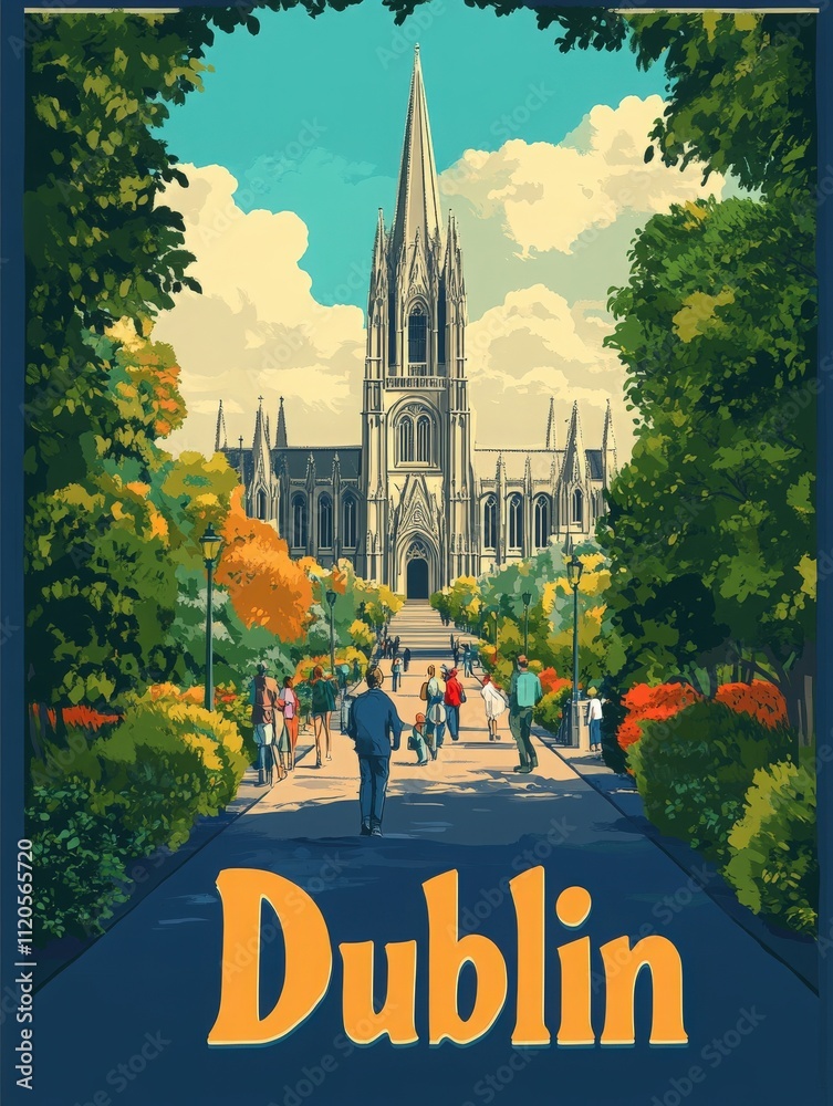 Visitors stroll along a vibrant pathway lined with trees and colorful flowers, heading toward a stunning church spire set against a clear sky in Dublin. The sunny day enhances the lively atmosphere.
