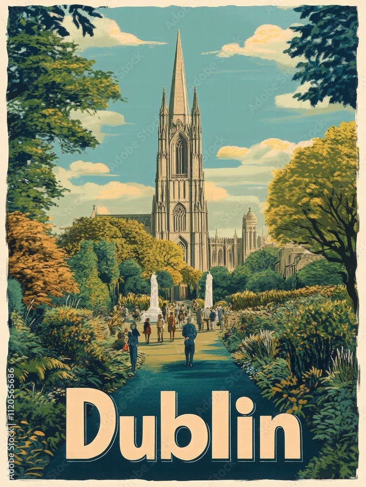 Visitors stroll through a beautiful garden in Dublin, surrounded by trees and blooming plants. In the background, a stunning spire rises against a blue sky, showcasing the citys rich history.