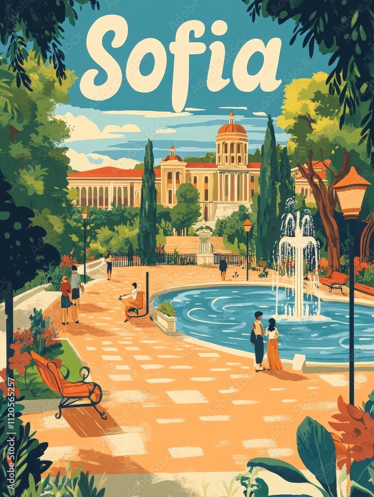 Visitors stroll through a lush park in Sofia, enjoying the vibrant flowers and a stunning fountain. The backdrop features impressive architecture, all under a bright blue sky.