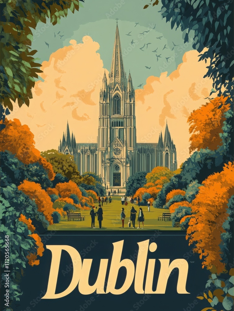 Visitors stroll through a park adorned with orange foliage, admiring the stunning architecture of Dublins cathedral under a colorful sky. Birds soar above, enhancing the serene atmosphere.