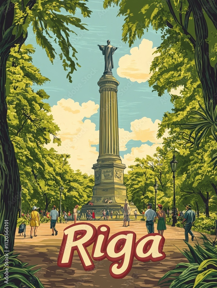 Visitors stroll through a park in Riga, admiring the Freedom Monument. Tall trees frame the scene while people enjoy the sunny day, capturing the citys cultural heritage and lively atmosphere.