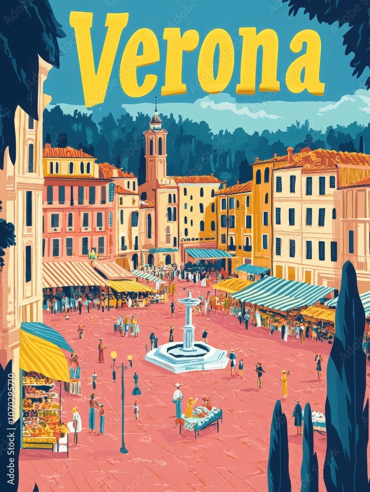 Visitors stroll through bustling markets in Verona, surrounded by colorful buildings and historical architecture. The lively square features a central fountain, inviting exploration and enjoyment.