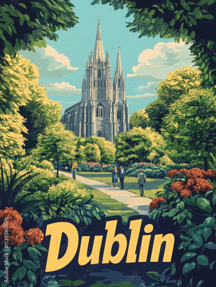 Visitors stroll through lush gardens filled with colorful flowers, approaching a magnificent cathedral in Dublin. The clear skies add to the serene atmosphere of this beautiful location.