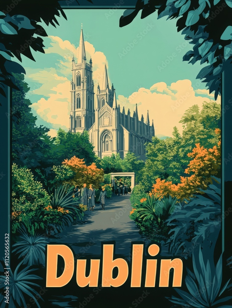 Visitors stroll through lush gardens leading to a stunning cathedral in Dublin. The colorful flowers and greenery frame the impressive Gothic architecture under a bright blue sky.