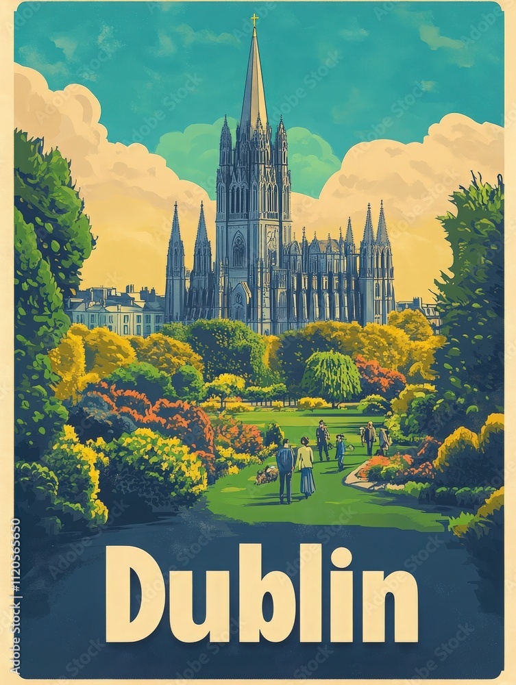 Visitors stroll through the lush gardens near St. Patricks Cathedral in Dublin. The backdrop features the iconic spire and beautifully manicured greenery under a clear blue sky.