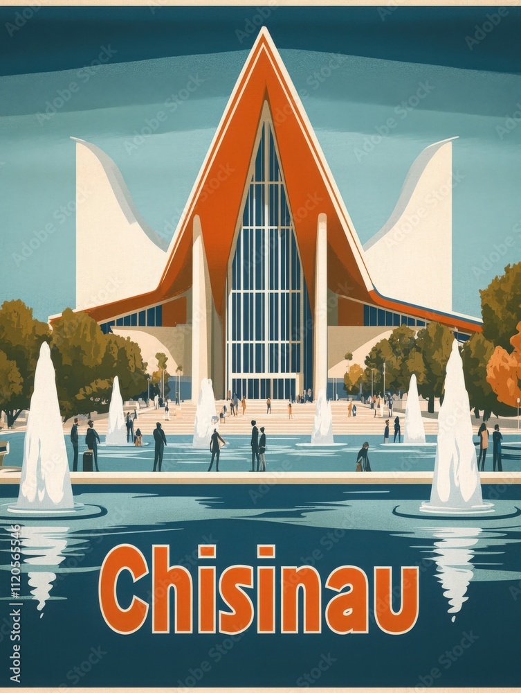 Visitors stroll through the vibrant plaza of Chisinau, admiring the unique architectural style of the building. Water fountains add a refreshing touch to the bustling atmosphere.