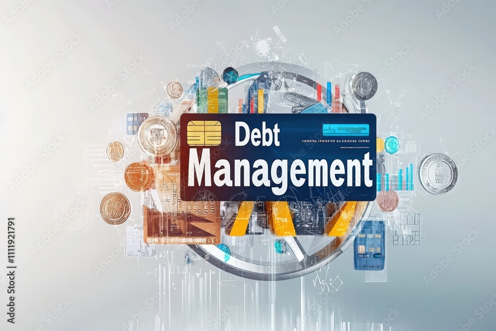 Visual elements depict debt management concepts, including financial tools and currency symbols. The layout combines graphs and charts, emphasizing budgeting and financial planning efficiency.