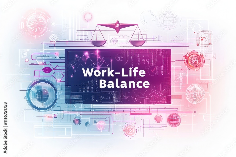 Visual representation highlights the significance of work-life balance, showcasing symbols like scales among digital and technological elements. It emphasizes harmony between personal and work life.