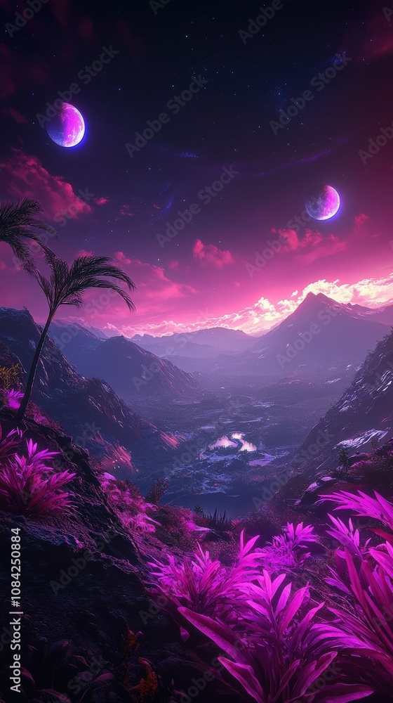 Vivid alien plants dominate the landscape of a distant planet as two moons cast their glow. The sky is painted in hues of purple and pink, illuminating the mountains and valleys below.