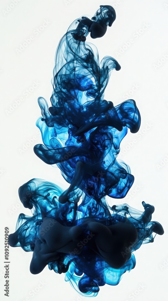 Vivid blue ink disperses in water, forming abstract shapes and flowing textures. The interplay of colors creates an eye-catching visual effect, highlighting the beauty of fluid motion.