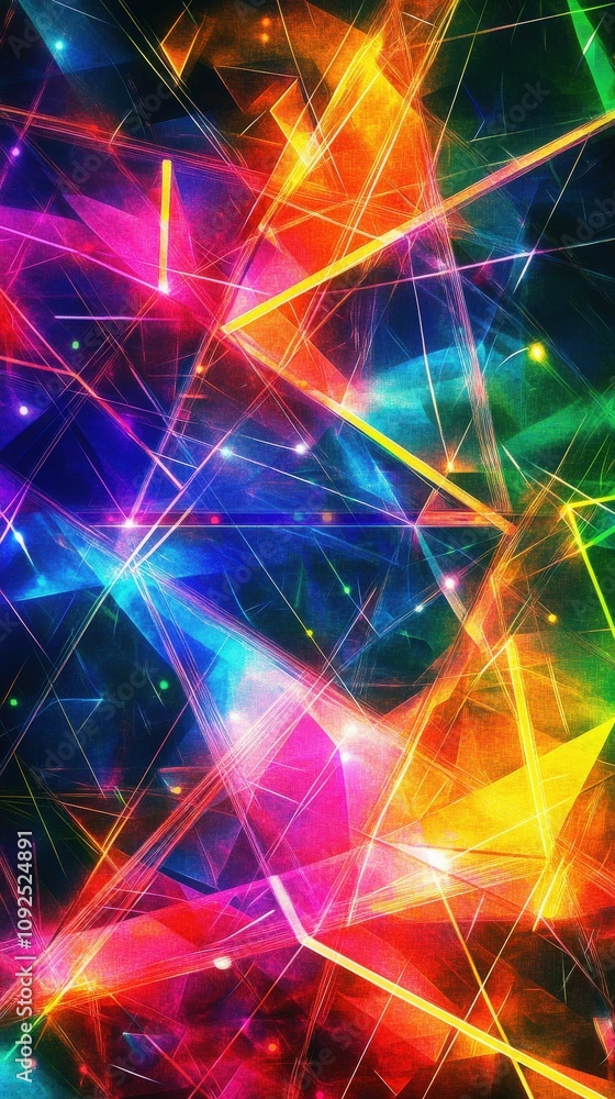 Vivid colors and geometric shapes create an energetic abstract design. Bright lights intersect and reflect, producing a lively atmosphere that captivates the viewers attention.