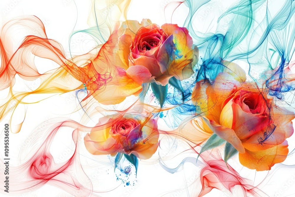 Vivid roses in various colors blend harmoniously with swirling smoke patterns, creating an artistic arrangement. The dynamic colors evoke a sense of beauty and creativity.