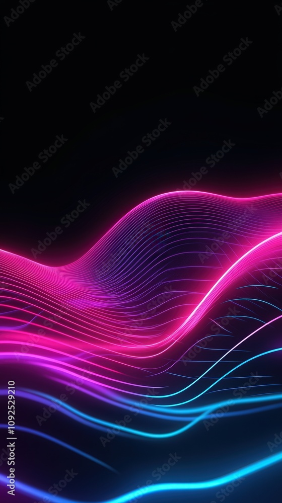 Vivid waves of pink and blue light flow gracefully against a dark background, creating an energetic and dynamic atmosphere. This visual evokes a sense of movement and depth.