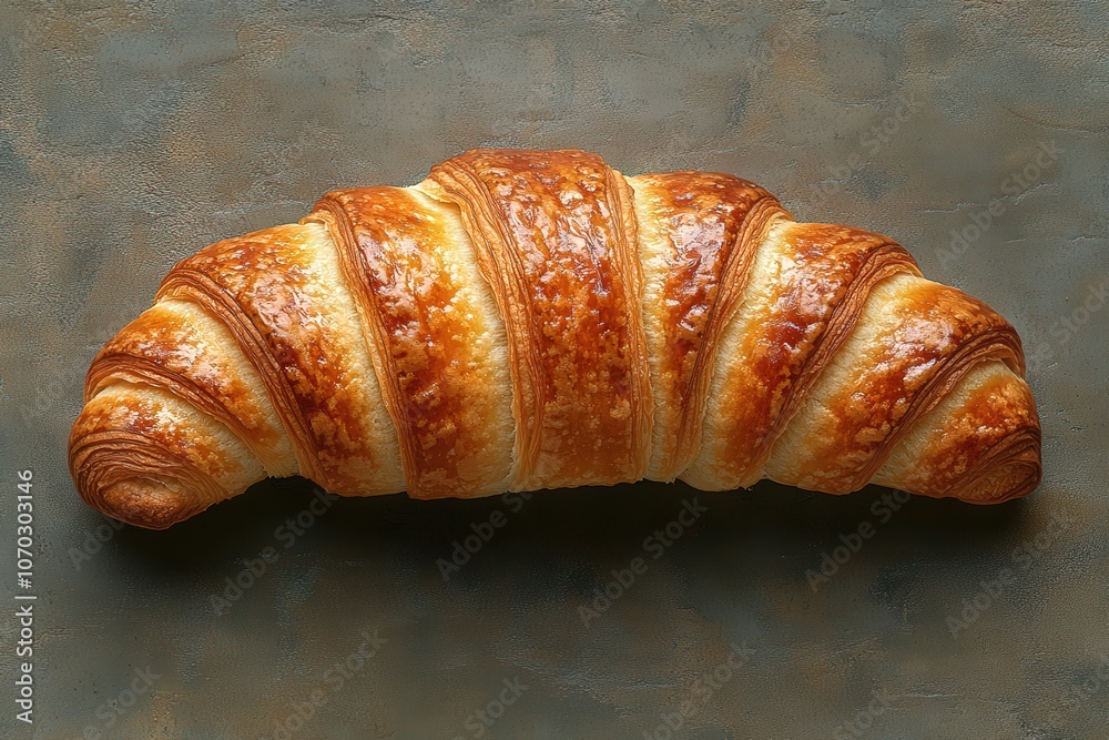 Warm and flaky croissant rests on a textured countertop, showcasing its golden layers and crispy edges. Its inviting appearance suggests a delightful breakfast or snack treat.