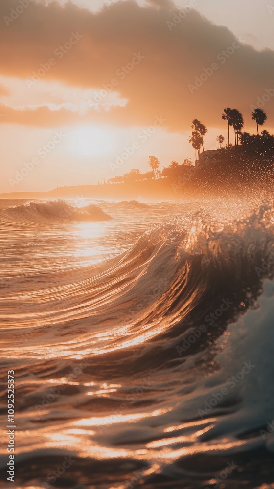 Waves roll gently towards the shore as the sun sets, casting a warm golden glow over the water. Silhouetted palm trees line the coastline, enhancing the tranquil atmosphere.