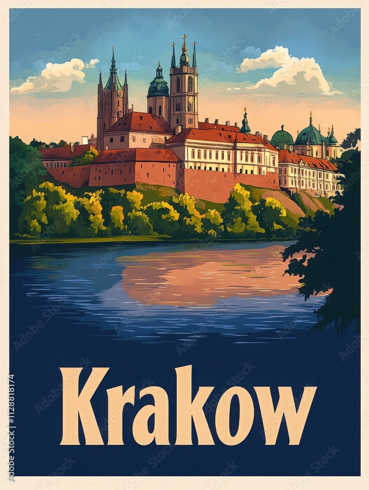Wawel Castle stands proudly against the backdrop of a colorful sunset, reflecting in the calm waters of the Vistula River. Lush greenery surrounds this historic landmark, creating a picturesque scene.