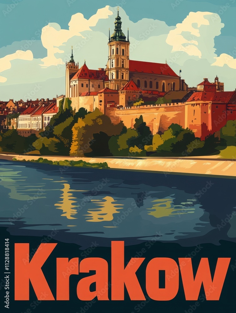 Wawel Castle stands proudly on the banks of the Vistula River, showcasing its stunning architecture against a bright blue sky. Colorful buildings line the river, illustrating Krakows rich history.