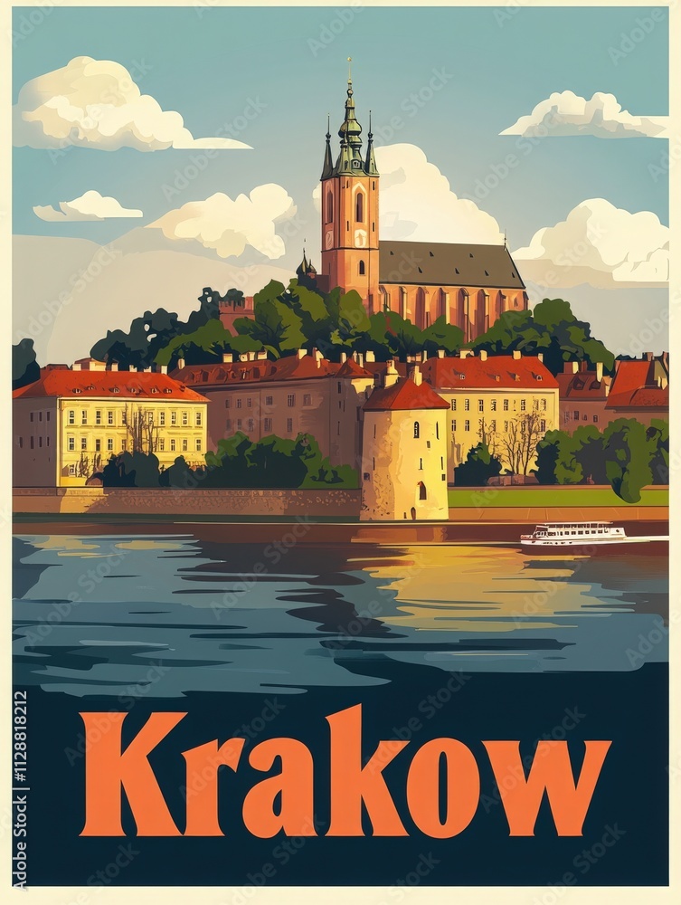 Wawel Castle towers over the Vistula River in Krakow, showcasing its historic architecture along with a serene landscape and soft blue sky. Visitors can enjoy the beauty of this iconic location.