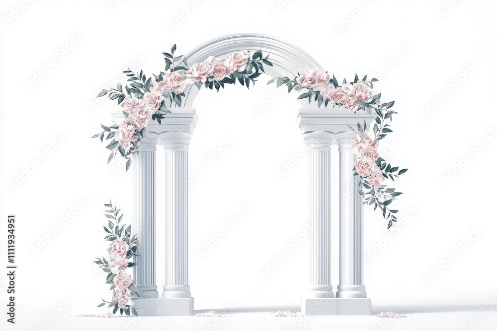 White archway adorned with soft pink roses and green foliage creates a romantic atmosphere for a wedding. The minimalist background highlights the beauty of the floral arrangement.