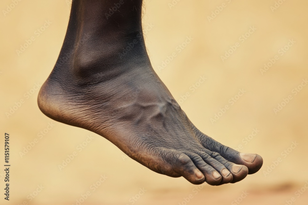 A bare foot hovers just above the ground, showcasing its textured surface and earthy tones. The background is a warm, neutral color, enhancing the foots details and contours.