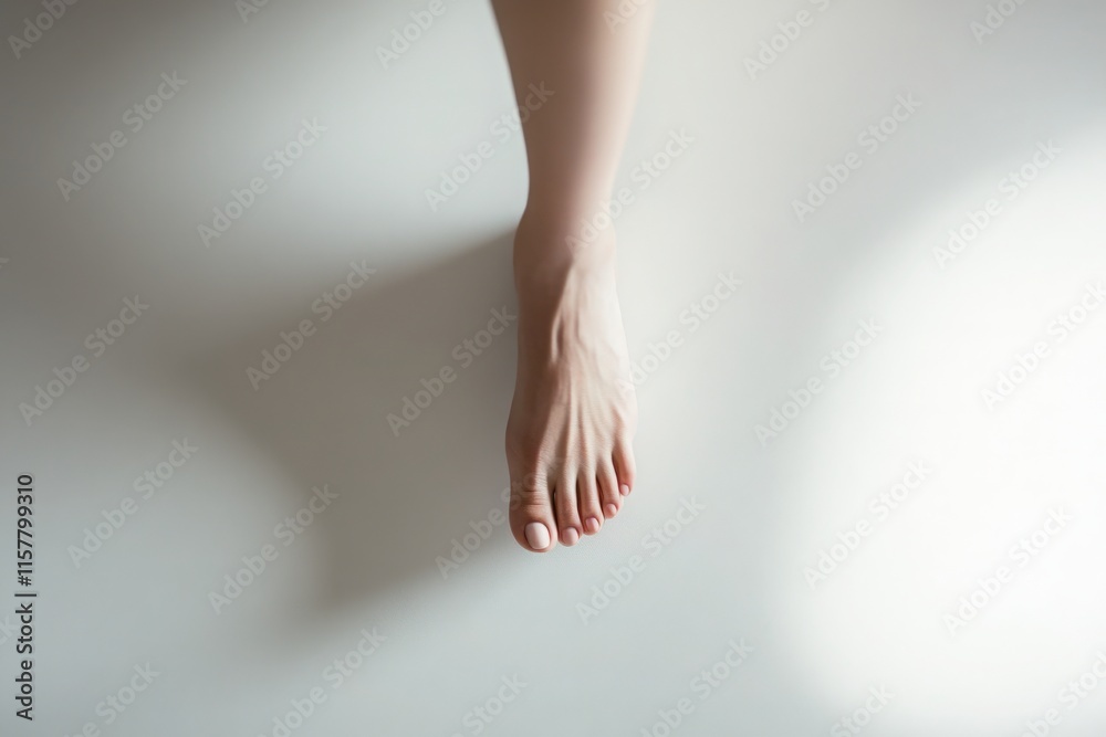 A bare foot is stepping onto a light-colored smooth surface. The soft lighting highlights the natural shape of the foot, indicating a calm and serene environment.